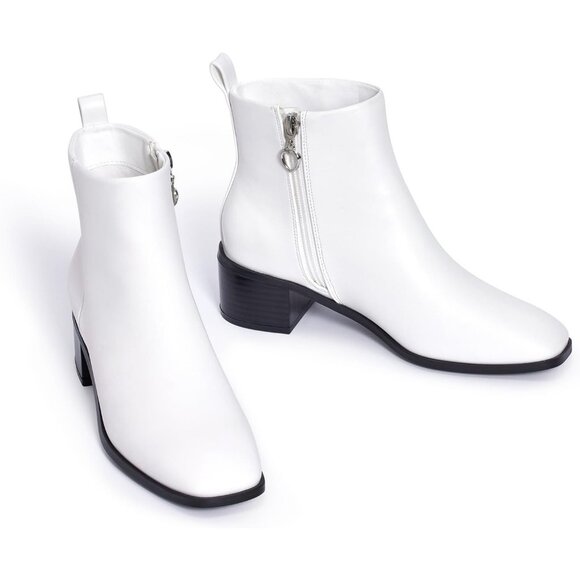 Genshuo Ankle Boot Women Size (6-10) White Polyurethane Zipper Heeled Square Toe - Picture 8 of 9